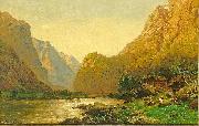 Carl jun. Oesterley Romantische Flusslandschaft mit Personenstaffage an einem prachtvollen Sommertag oil painting artist
